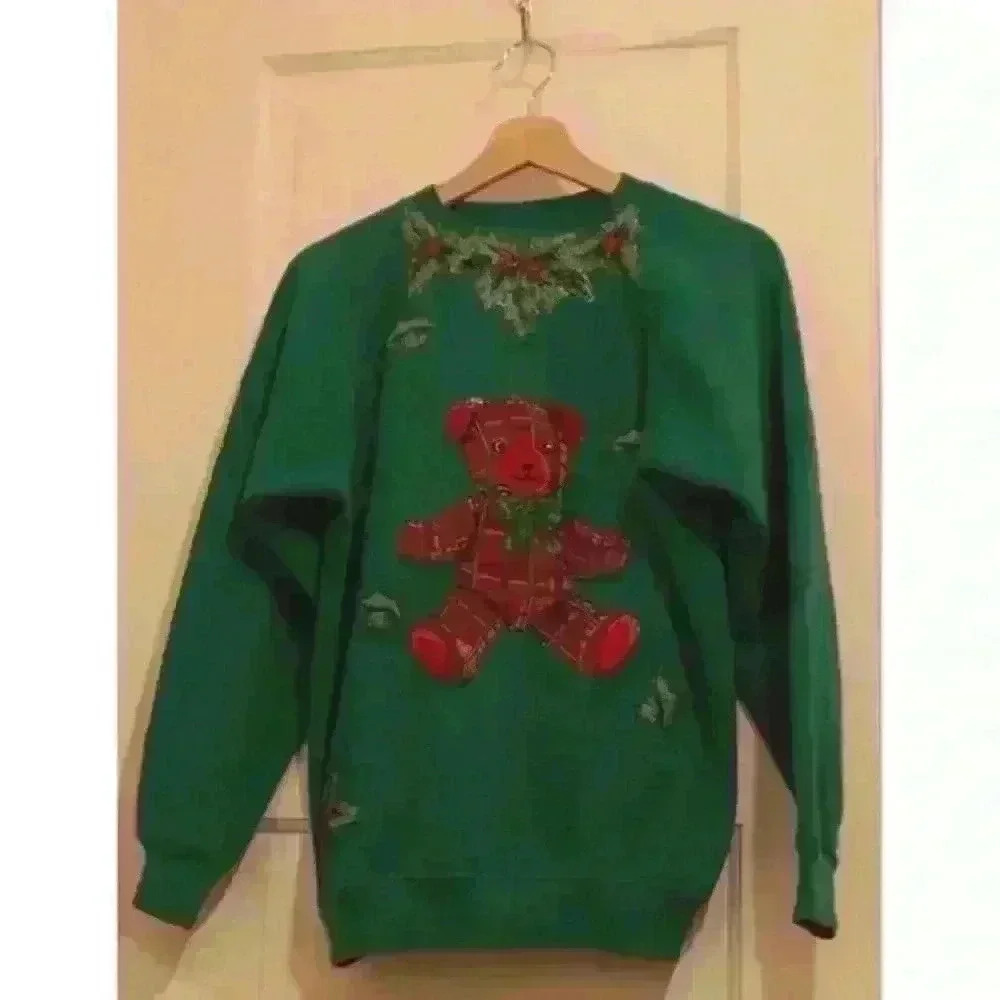 Women's Small VTG 90s Bow Tie Teddy Bear Plaid Green Red Christmas Ugly Holiday